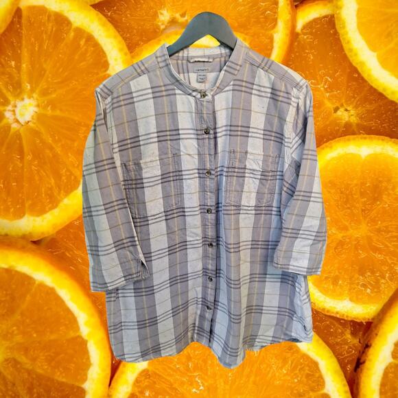 Carhartt Collarless Gray White Flannel 3/4‎ Sleeve Button Up Shirt Size 2XL - Picture 2 of 7